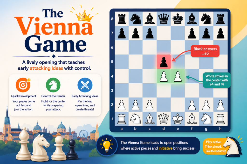 The Vienna Game starts after 1. e4 e5 2. Nc3. Instead of playing Nf3 right away, White develops the queen’s knight first. This small change gives White different attacking choices and can surprise players who only know the most common e4 openings.