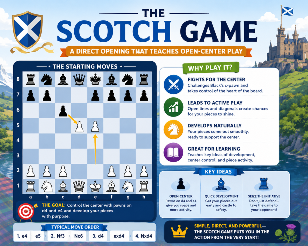 The Scotch Game starts after 1. e4 e5 2. Nf3 Nc6 3. d4. White does not wait. White attacks the center right away and asks Black to make a clear choice. This makes the Scotch a very useful opening for students who want simple, active chess without too much early mystery.