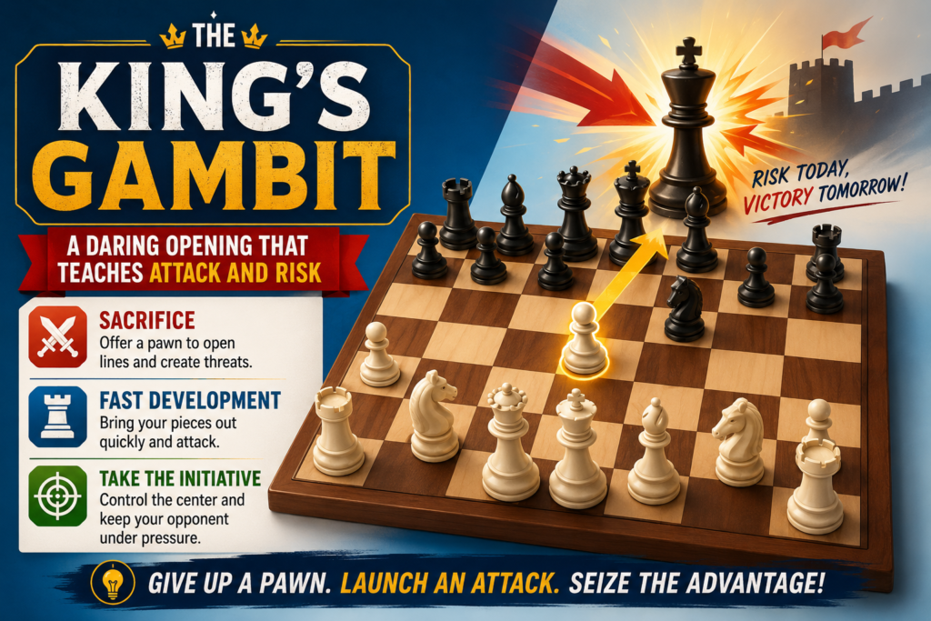The King’s Gambit begins with 1. e4 e5 2. f4. White offers a pawn right away to pull Black’s e5 pawn away and open lines for attack. This is one of the most romantic openings in chess history. It is bold, sharp, and full of danger for both sides.