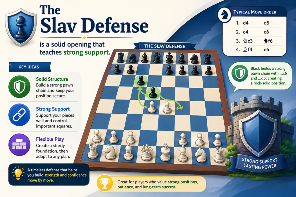 The Slav Defense starts after 1. d4 d5 2. c4 c6. Black supports the d5 pawn with the c6 pawn and builds a strong center. This opening is known for being solid and reliable. It is a favorite choice for players who want a safe but active answer to the Queen’s Gambit.