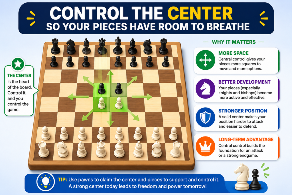 The center of the board is where most chess battles begin. The four center squares are e4, d4, e5, and d5. When your pieces can touch these squares, they become stronger, faster, and more useful.