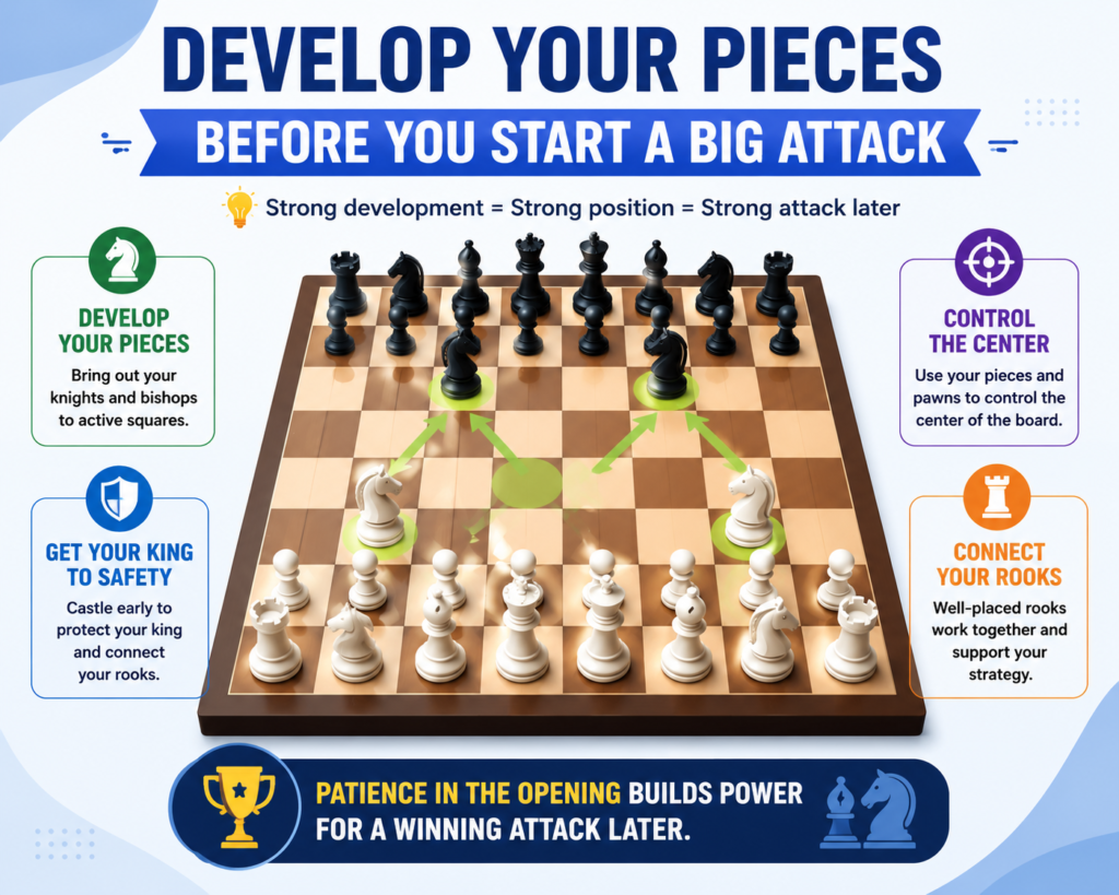 Development means bringing your pieces out from the back rank and getting them ready to play. In the opening, your knights and bishops should not sleep at home. They need to come out and help control key squares.