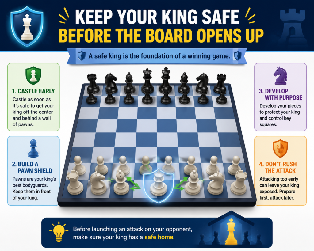 Your king is the most important piece. If the king is unsafe, every other plan can fall apart. That is why castling is one of the most important opening ideas to learn.