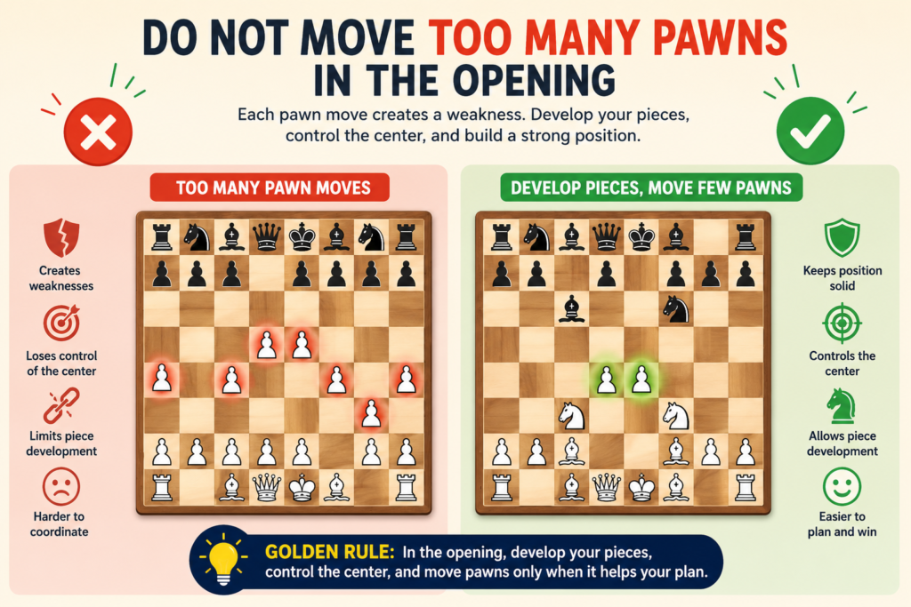 Pawns are important, but they are not the whole army. In the opening, pawns should help your pieces come out and help control the center. They should not wander forward without a reason.