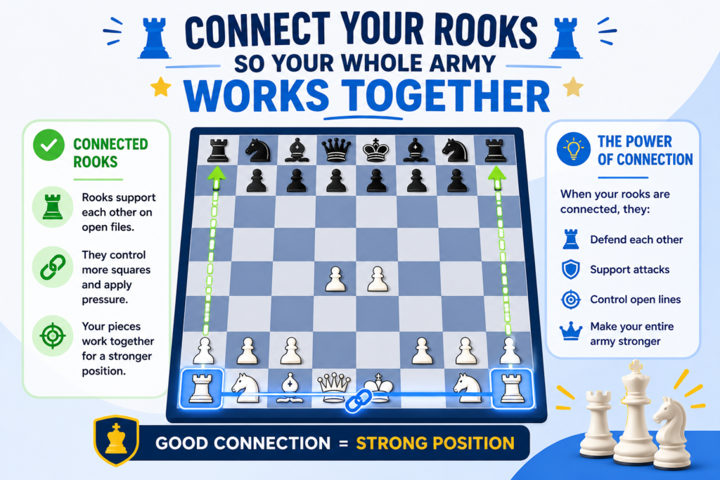 After you control the center, develop your pieces, and castle, there is one more key opening goal. You want your rooks to connect. This means there should be no pieces standing between them on the back rank.