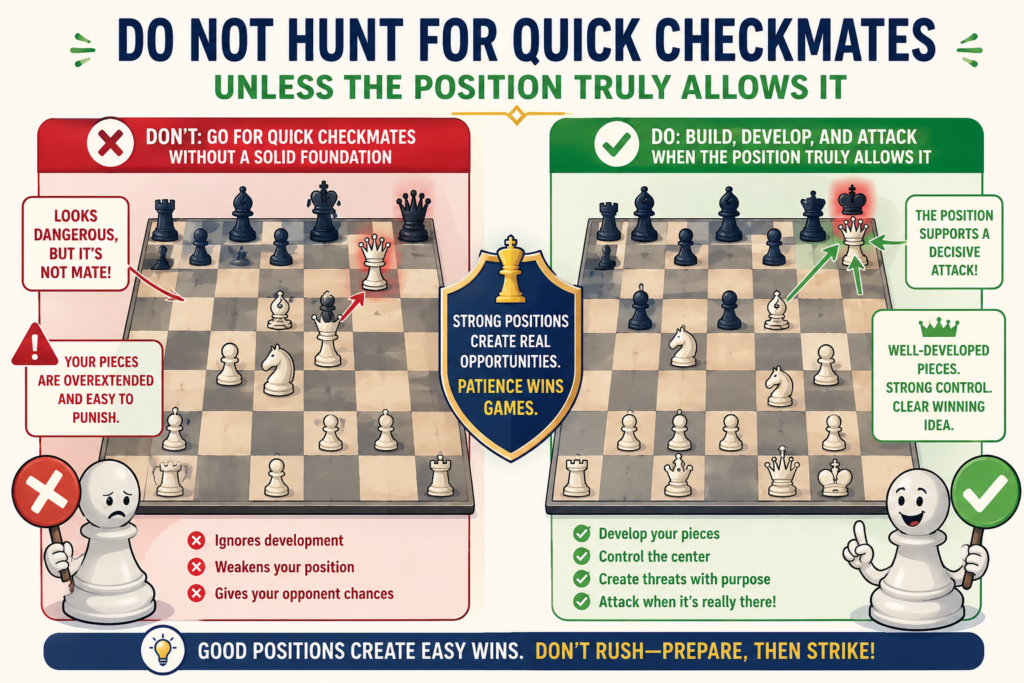 Quick checkmates are fun. Every child loves the feeling of winning fast. But chasing quick mates in every game can become a bad habit.