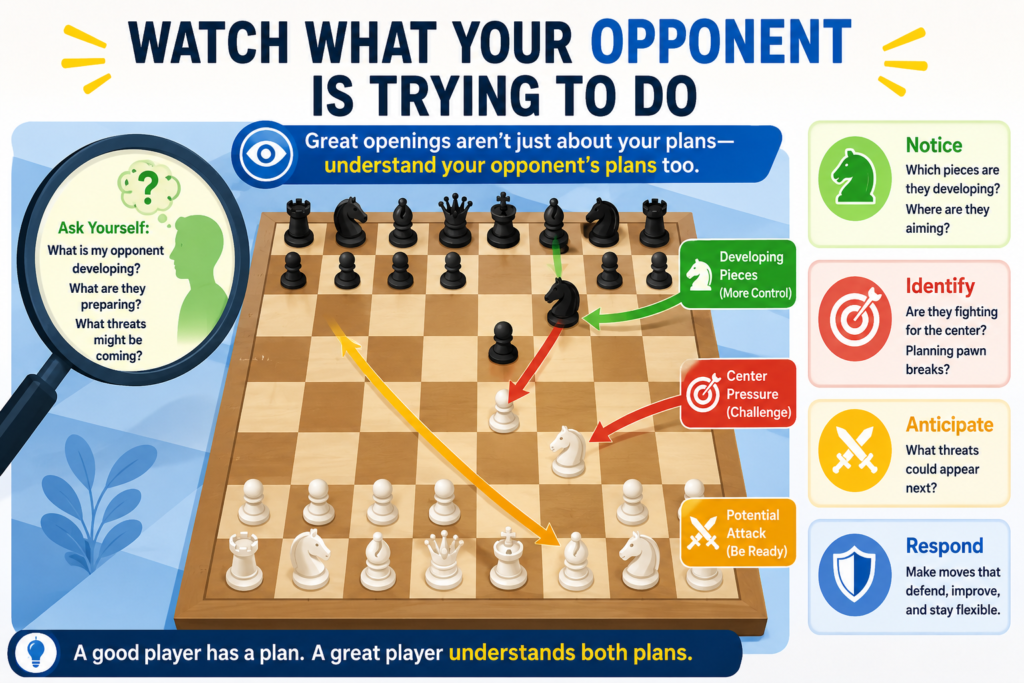Opening principles are not only about your moves. They are also about your opponent’s moves. Every move your opponent makes is a clue. It tells you what they want.
