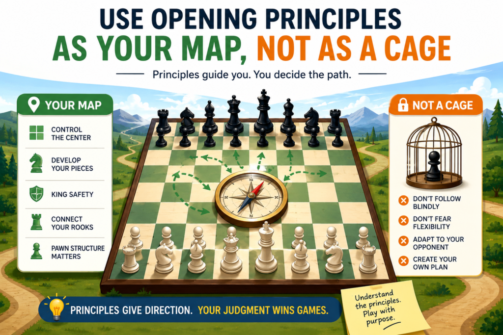 Opening principles are powerful, but they are not strict laws. Chess is full of special moments. Sometimes a player may move the same piece twice for a good reason. Sometimes a queen move is correct. Sometimes delaying castling makes sense.