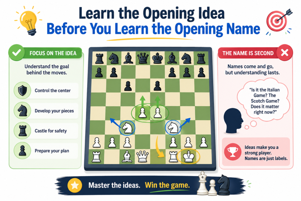 Many chess students hear names like the Italian Game, the Sicilian Defense, the Queen’s Gambit, and the French Defense. These names can sound big and scary at first. But the truth is simple. An opening name is not magic. The idea behind the opening is what matters.