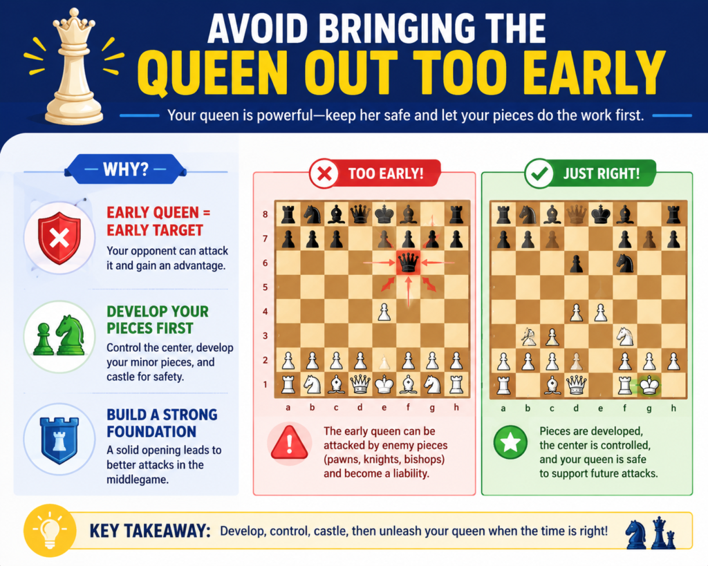 The queen is the strongest piece on the board, so many beginners want to use her right away. It feels exciting to bring the queen out and aim at the enemy king. Sometimes it even creates quick threats. But this habit can become dangerous very fast.