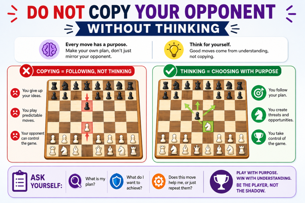 Many beginners copy moves in the opening. If White moves a knight, Black moves the same knight. If White brings out a bishop, Black brings out the same bishop. At first, copying feels safe. It looks balanced. It feels easy.