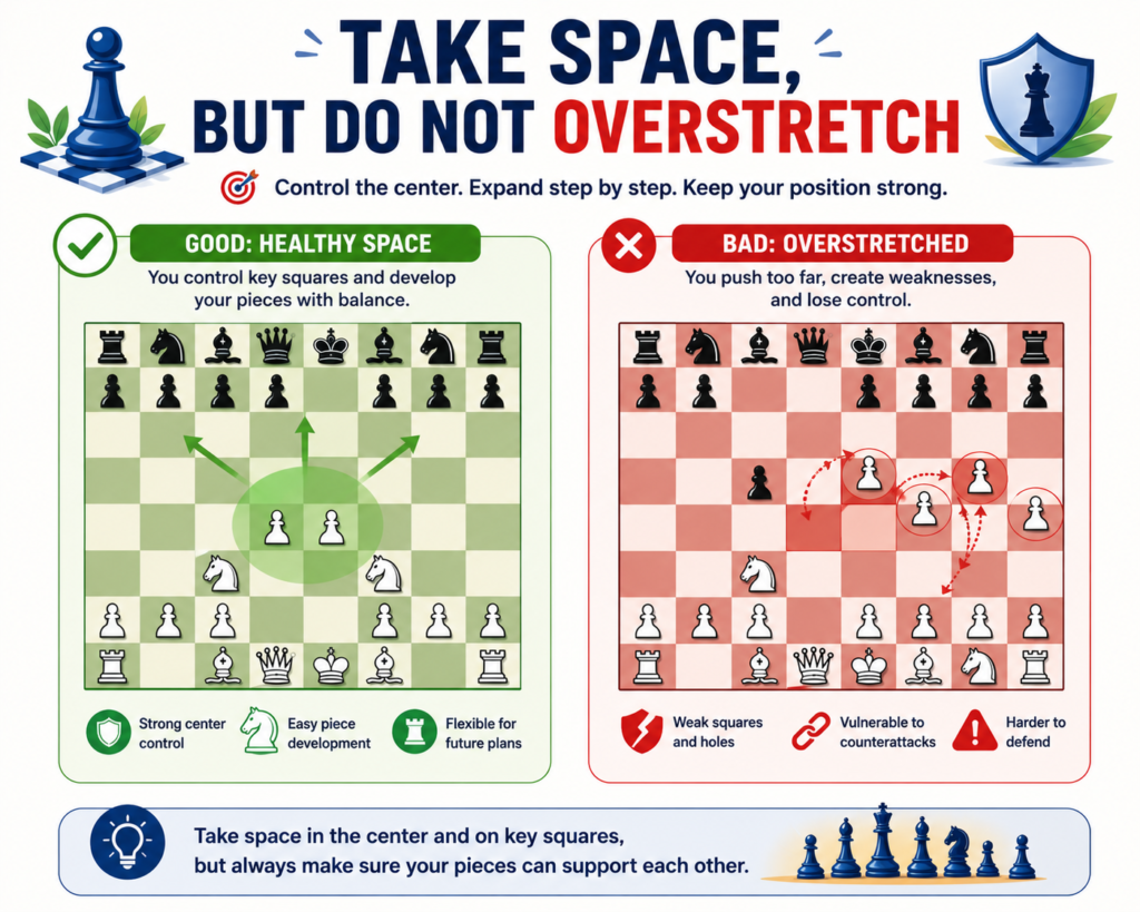 Space is important in chess. When your pawns and pieces control more squares, your army has more room. Your opponent may feel cramped. Their pieces may struggle to find good squares.