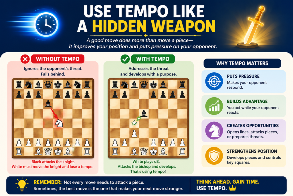 Tempo means time in chess. In simple words, it is like getting a useful move for free. If you develop a piece while attacking your opponent’s queen, you gain tempo. If your opponent must move the same piece again, they may lose tempo.