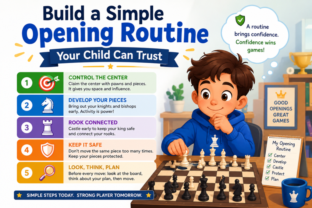 Chess can feel big when a child is just starting. There are many pieces, many plans, and many possible moves. A simple opening routine can make the game feel easier.