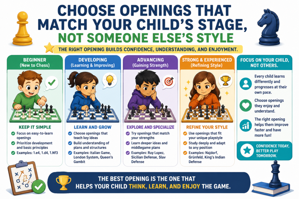 A big mistake many young players make is trying to copy grandmasters too early. They see a famous player use a sharp opening, and they want to play it right away. That is natural. Kids love bold moves, quick attacks, and cool names.