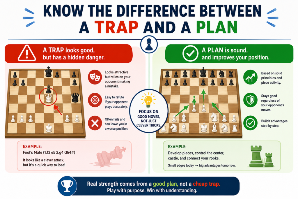 Opening traps are fun. They can win a queen,checkmate a king, or make a player feel like a genius in five moves. But traps are not the same as plans. A trap works only if the opponent falls into it. A plan still helps you even if the opponent defends well.
