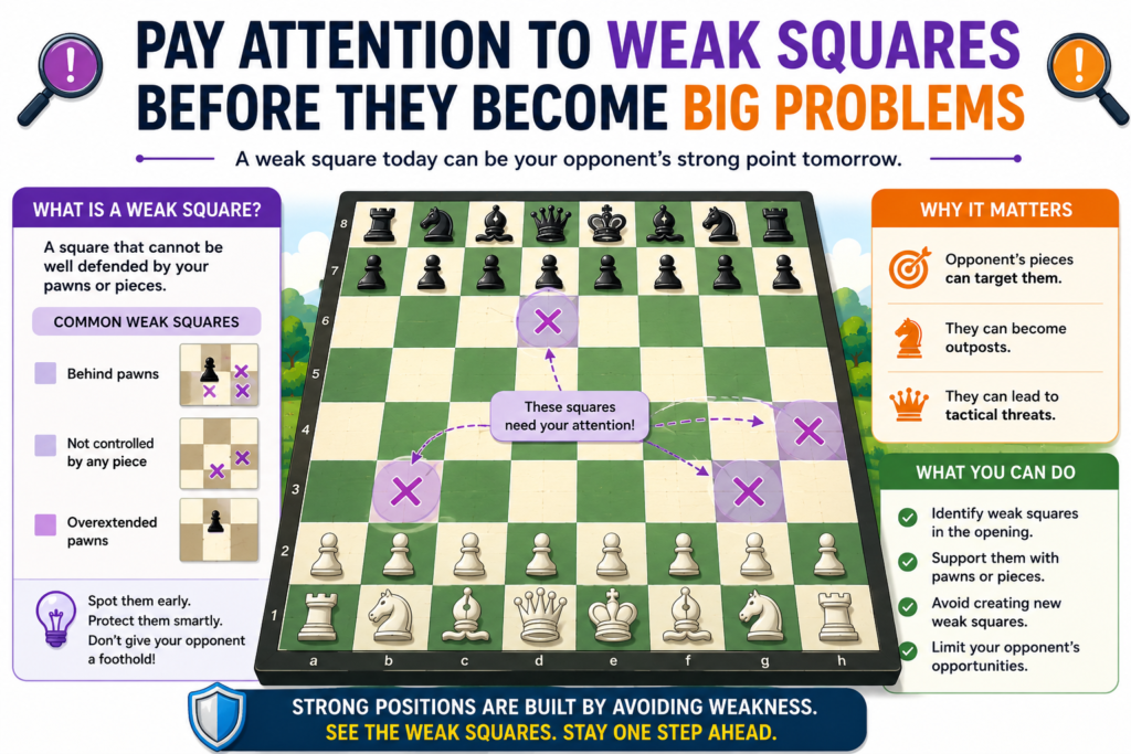 A weak square is a square that cannot be easily protected by a pawn. In simple words, it is a soft spot in your position. If your opponent places a piece there, it may become hard to chase away.