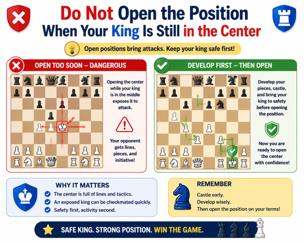 Opening the position means creating open lines by trading pawns or pushing pawns forward. Open lines are useful when your pieces are ready. But they can be dangerous when your king is still in the middle.