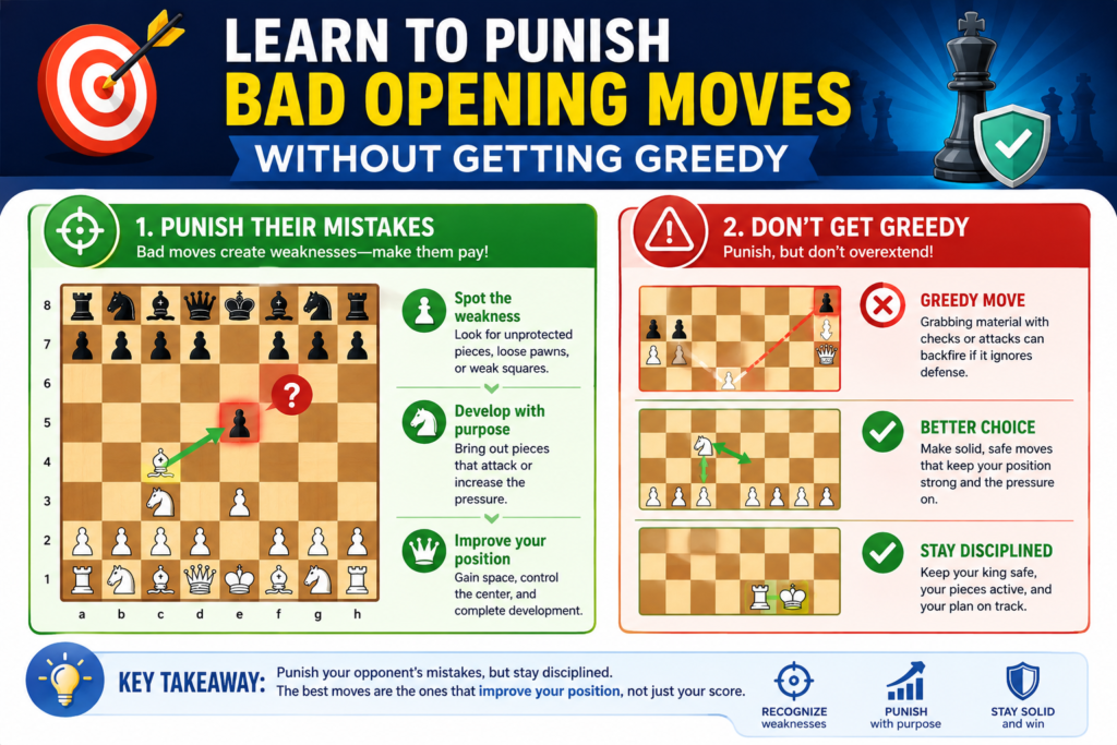 When your opponent makes a weak opening move, it can be tempting to attack right away. Maybe they waste time. Maybe they ignore the center. Maybe they bring the queen out too early. These mistakes should be noticed, but they should not make your child careless.