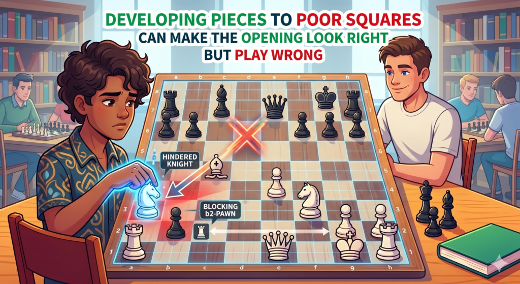A player may follow the rule of developing pieces and still get a bad position. This happens when the pieces come out, but they go to weak squares. The child may move a knight to the edge, place a bishop where it gets trapped, or put the queen where it blocks another piece.