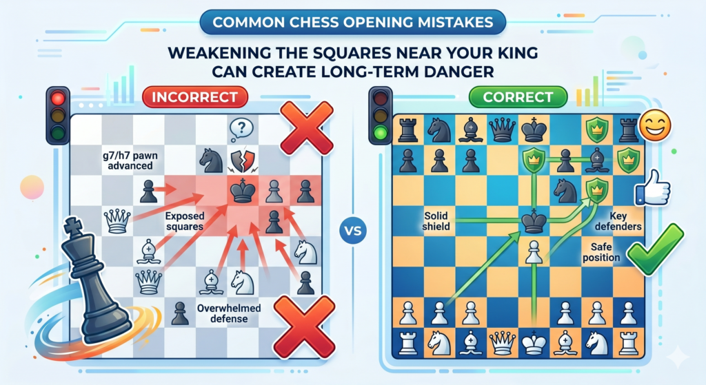 Some opening moves look useful because they attack something or stop a small threat. But they may also weaken the king. This happens often when players push pawns in front of the king too early. Once those pawns move, they cannot go back.