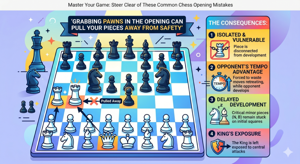 Winning a pawn feels good. It feels like you are ahead. But in the opening, grabbing a pawn can be dangerous if it pulls your queen, bishop, or knight away from the real work. Many young players see a free pawn and take it right away. Then, a few moves later, that “free” pawn becomes very costly.