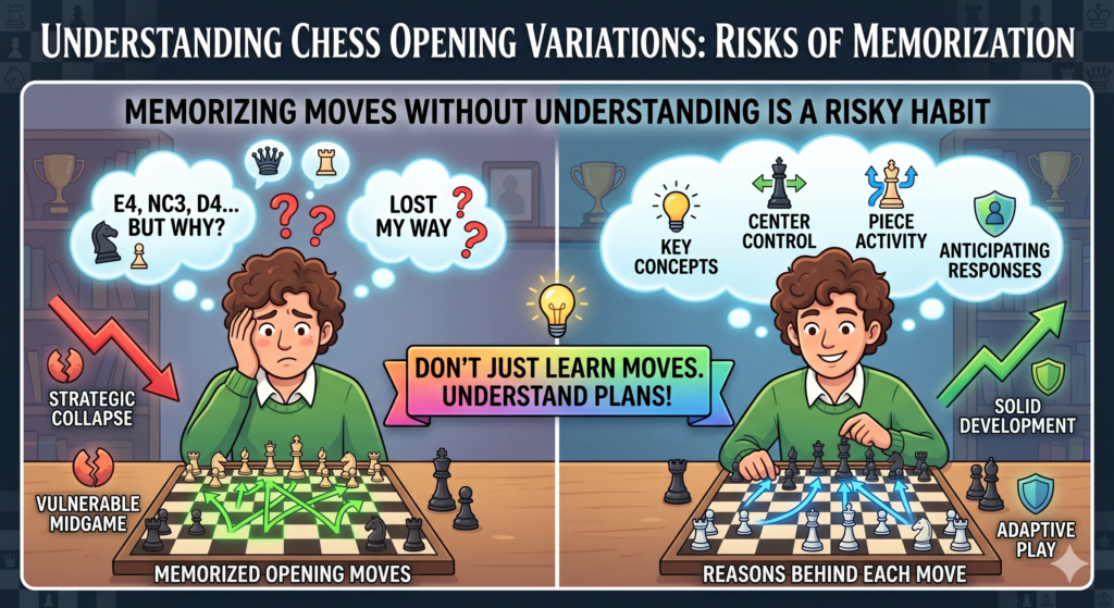 Many chess students start by trying to remember long opening lines. This feels useful at first because it gives them quick answers. But the problem comes when the opponent plays a move they have not seen before. The student freezes. They feel like the game has gone “out of book,” and now they do not know what to do.