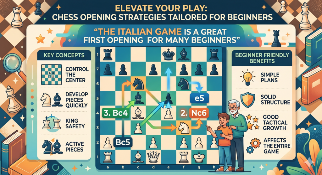 The Italian Game is one of the best openings for beginners because it feels natural. The moves help you develop fast, aim at the center, and prepare to castle. It also teaches a simple attacking idea without asking you to memorize too much.
