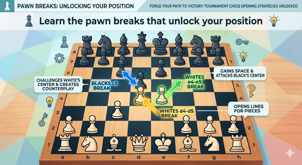 Pawns may look small, but they decide where the game can breathe. In many openings, the whole plan depends on the right pawn break. A pawn break is a pawn move that challenges your opponent’s center or opens lines for your pieces.