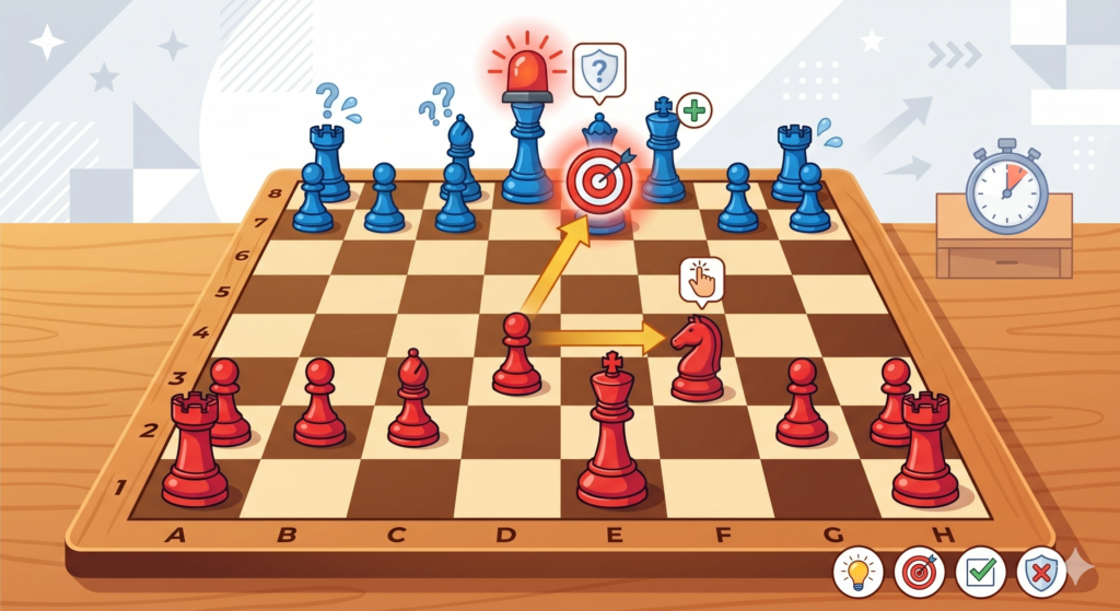 A piece that is not protected can become a target. In the opening, this happens often because players move quickly and forget to check if their pieces support each other. A knight goes out alone. A bishop lands on a square with no backup. A pawn moves and leaves another pawn weak.