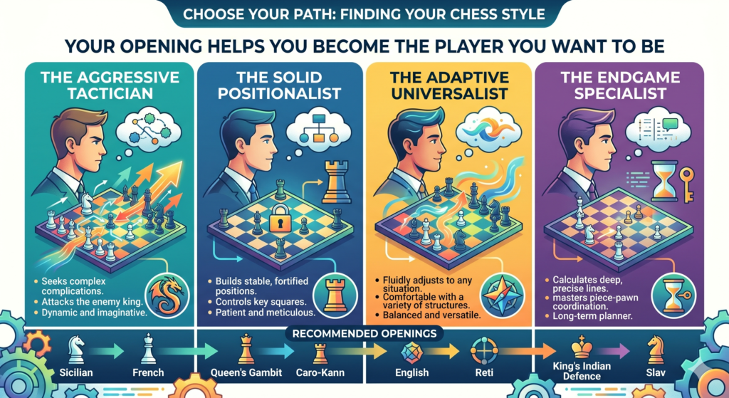 An opening is not just a set of first moves. It is a training path. If a student keeps playing open games, they will learn fast development and tactics. If they play closed games, they will learn planning and patience. If they play gambits, they will learn activity and courage. If they play solid openings, they will learn control and safety.