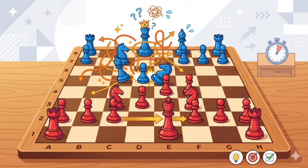 In the opening, every move should help your pieces wake up. A good first move is not just a move that looks nice. It should help you take space, bring pieces out, and make your king safe. Many young players move pieces because they “feel like it.”