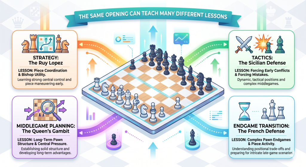 One reason chess openings are so rich is that the same opening can lead to many types of games. This is why opening variations matter. They are not just tiny changes. They can teach totally different skills.