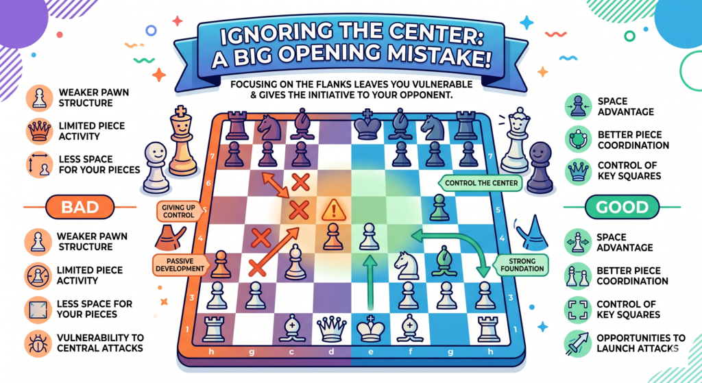 The center of the chessboard is powerful. The center squares are where the action begins. When your pieces control the center, they can move faster to both sides of the board. When you ignore the center, your pieces often feel slow, stuck, or late.