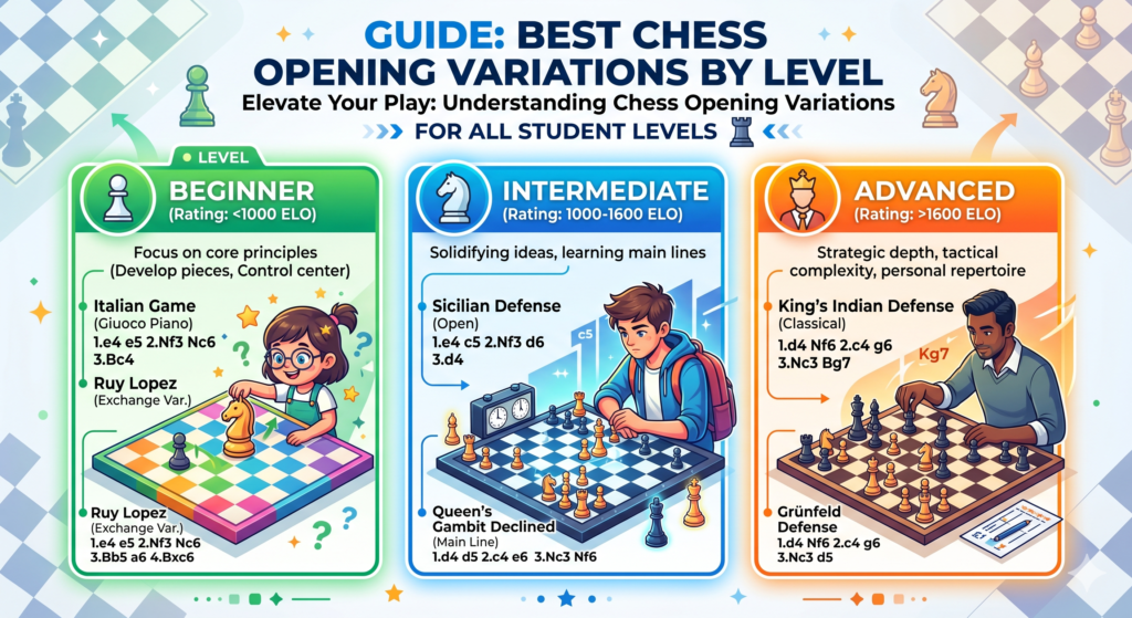 There is no single best opening for every child. A beginner needs openings that teach clear rules. An improving player may need openings that teach planning and pawn structure. A more advanced student may be ready for sharp theory and deeper choices.