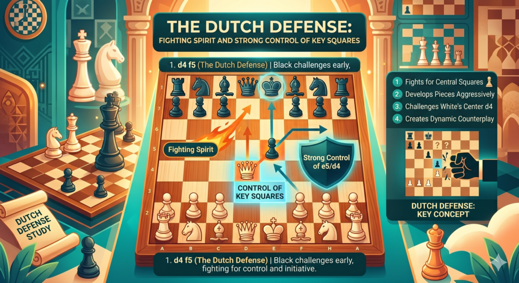 The Dutch Defense begins when White plays 1.d4 and Black answers with 1...f5. This is a brave move. Black does not copy White. Black does not play a quiet move. Black says, “I want to fight for the e4 square, and I am ready for an active game.”