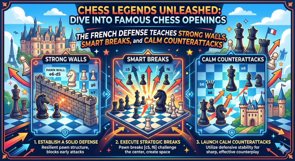 The French Defense begins with 1.e4 e6. At first, this move may look shy. Black does not fight for the center with a big pawn move right away. Black also blocks the bishop on c8 for a while. So why do so many strong players trust this opening?