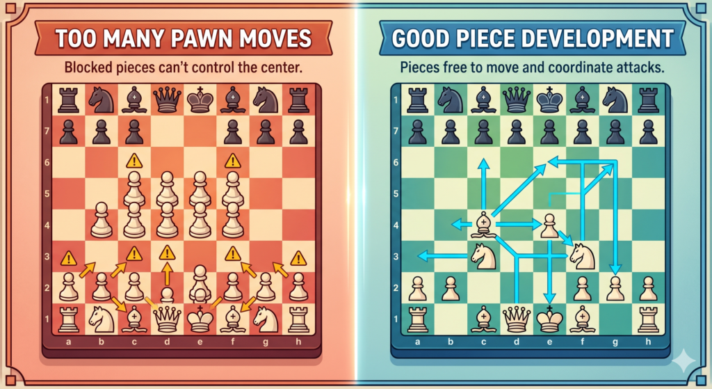 Pawns are important. They take space, fight for the center, and open paths for bishops and the queen. But too many pawn moves in the opening can be a serious mistake. If a player keeps pushing pawns while the pieces stay at home, the position may look big but feel weak.