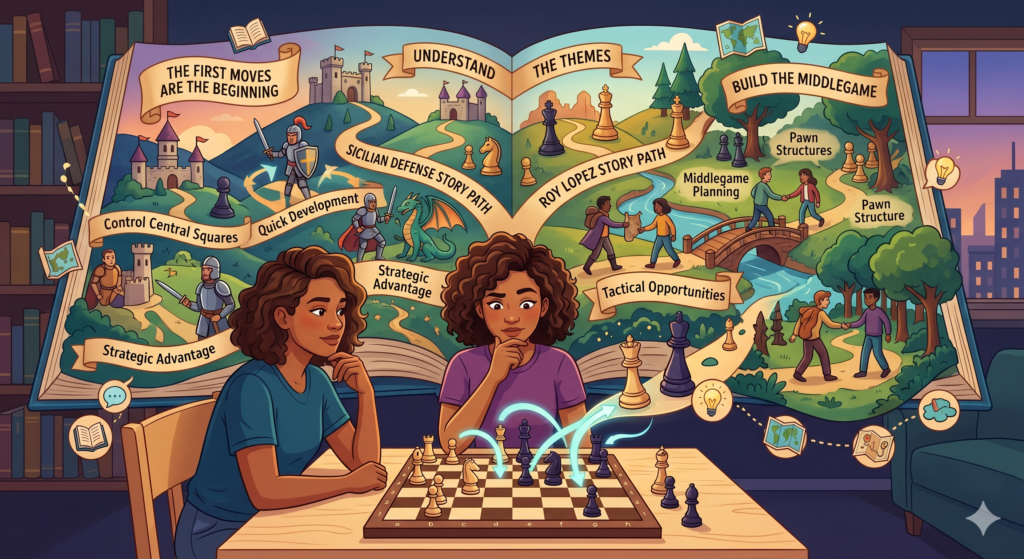 When your child studies a model game, they see how the opening becomes a middlegame. They see which side attacks, which pawn break matters, which pieces get traded, and which mistakes cause trouble. This makes the opening feel alive.
