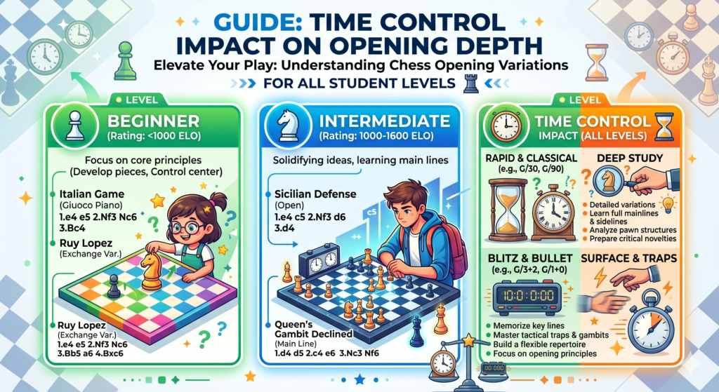 A five-minute game and a long tournament game are not the same. In a fast game, students need openings that are easy to play and hard to forget. In a longer game, they can choose deeper variations because they have more time to think.