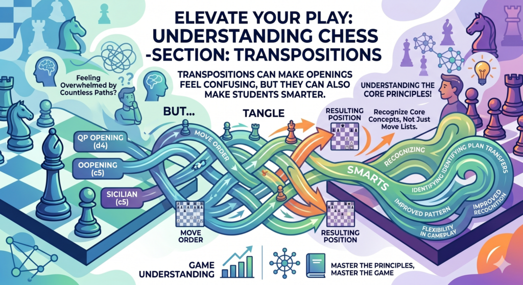 A transposition happens when a game reaches the same position through a different move order. This can confuse students because they may think they are playing one opening, and then the board turns into another opening. But once they understand the idea, transpositions become less scary.