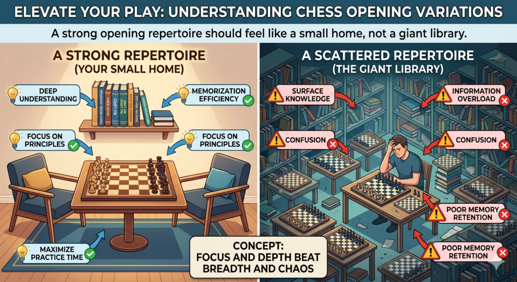 A chess repertoire is the set of openings a player uses again and again. Many students think a strong repertoire must be huge. They believe they need one answer for every possible move and many deep lines for each opening. This can make chess feel heavy. It can also make students feel like they are always behind.