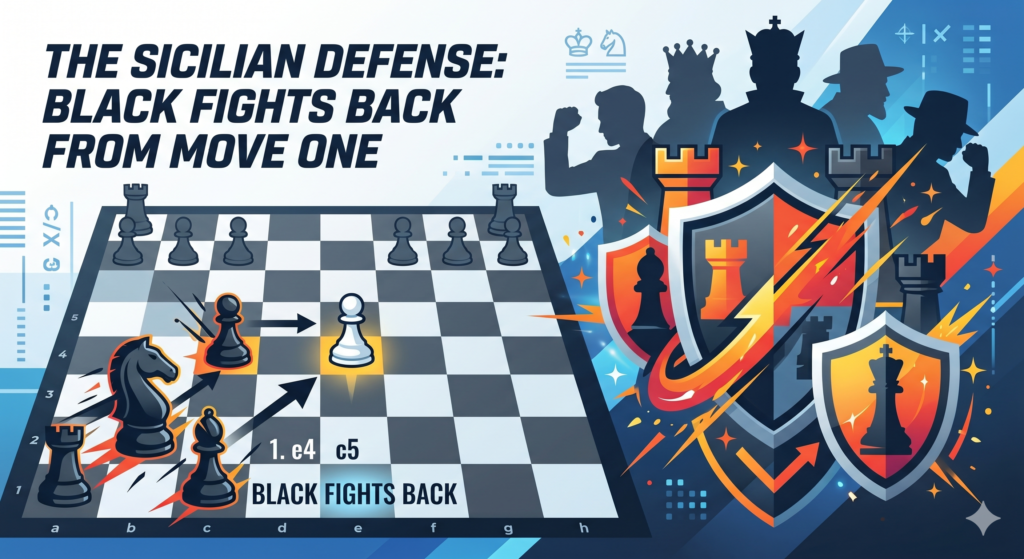 The Sicilian Defense begins when White plays 1.e4 and Black answers with 1...c5. This is one of the most famous replies in chess. It is bold because Black does not copy White’s move. White takes space in the center with the king pawn. Black attacks from the side with the c-pawn.