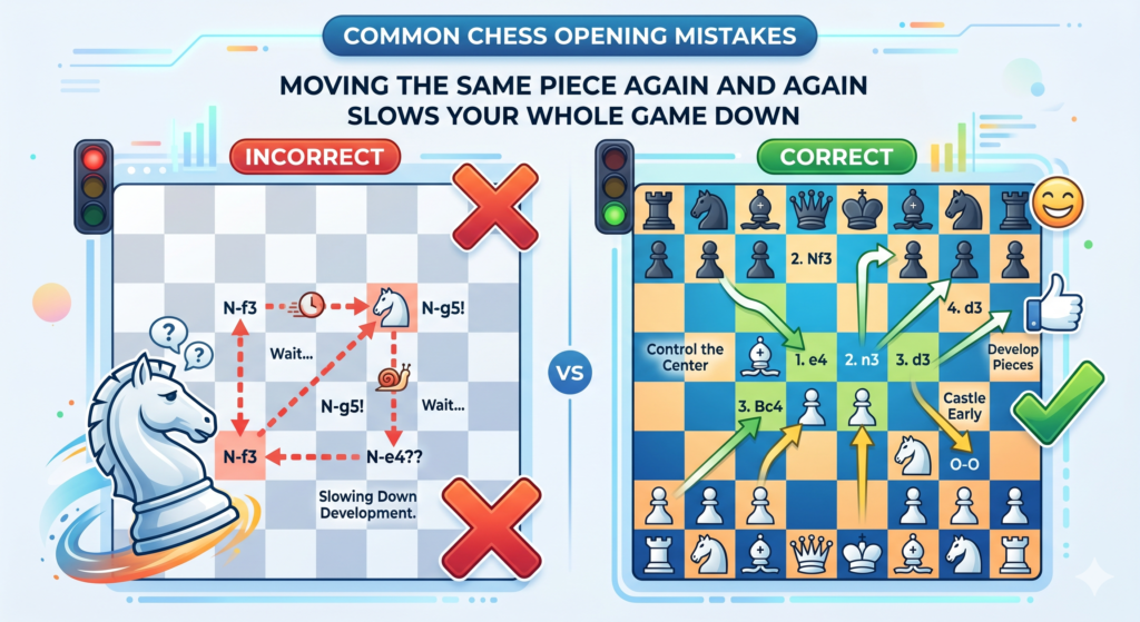 In the opening, one of the best habits is to bring out a new piece when you can. A common mistake is moving one knight three times while the other pieces stay at home. Another mistake is moving a bishop out, then back, then sideways, without a clear reason.