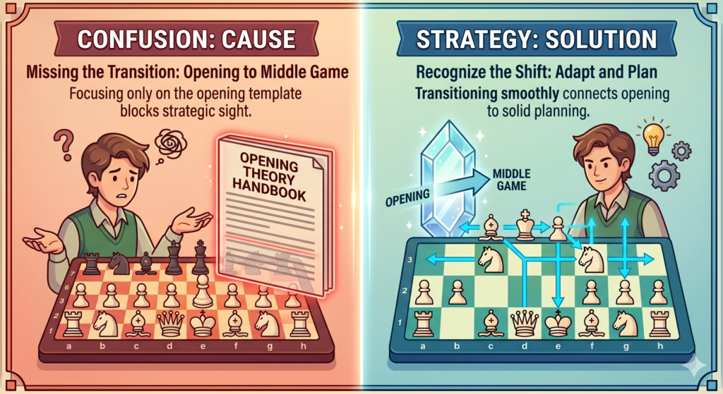 The opening does not last forever. At some point, the basic setup is done and the real planning begins. Many beginners struggle here. They know a few opening moves, but once those moves are finished, they do not know what to do next.