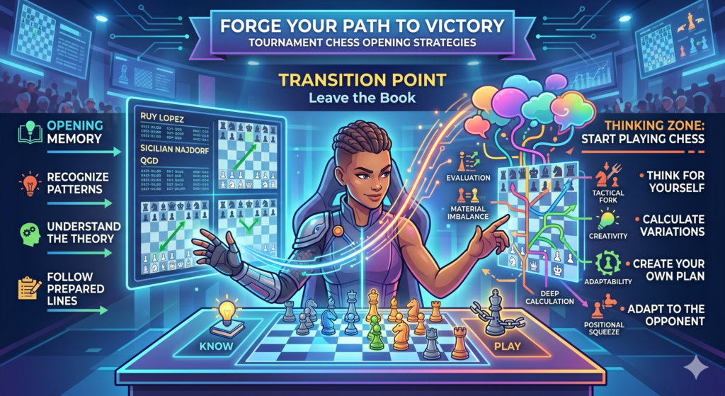 Many young players think the opening ends only when they run out of moves they remember. That is not true. The opening ends when the pieces are developed, the king is safe, and the main fight has started.