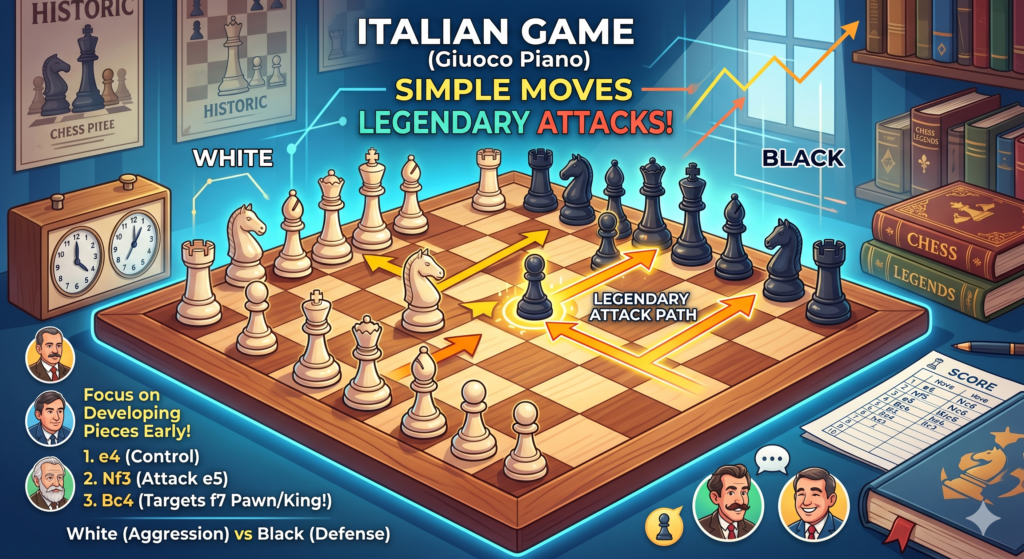 The Italian Game is one of the best famous openings for children and beginners to learn first. It often begins with 1.e4 e5 2.Nf3 Nc6 3.Bc4. These moves look simple, but they carry a beautiful plan. White takes space, attacks the center, develops a knight, and places the bishop on a strong diagonal.