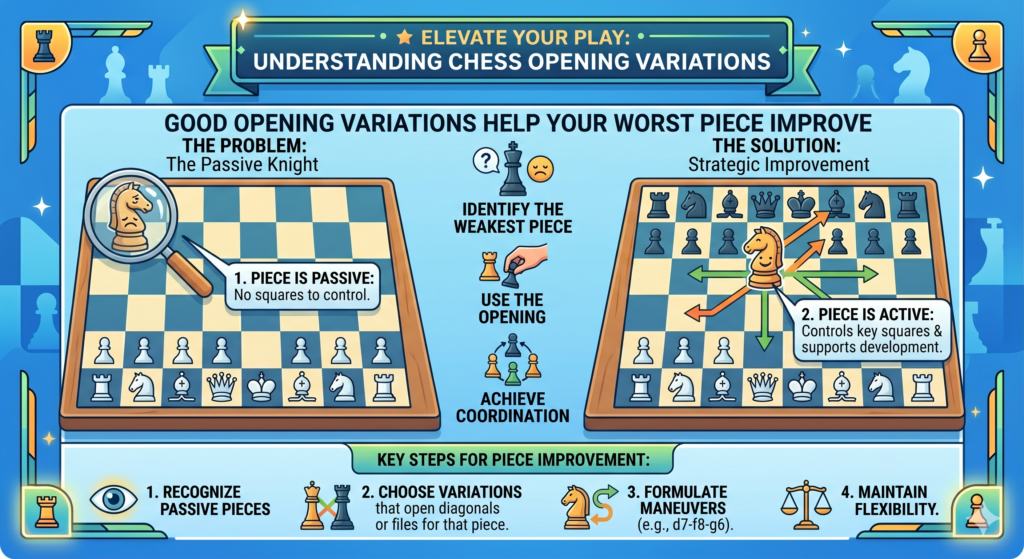 Many young players only look at their best piece. They see a bishop on a strong diagonal or a queen near the enemy king, and they want to attack right away. But strong players often ask a different question. They ask, “Which piece is doing the least?”