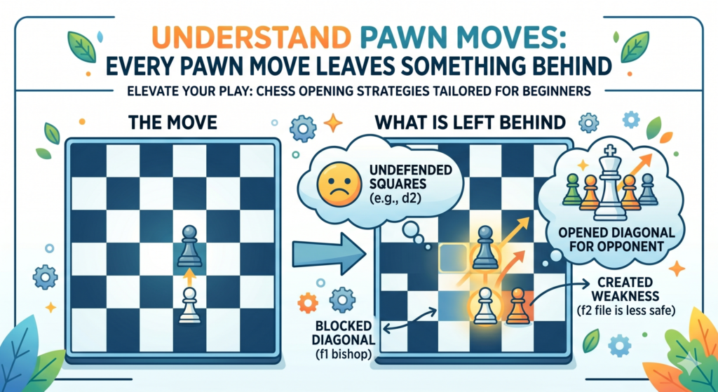 Pawns are small, but they shape the whole game. In the opening, pawn moves decide which squares you control, which lines open, and where your pieces can go. But pawns are different from other pieces. They cannot move backward. Once you push a pawn, the squares it used to protect may become weak.