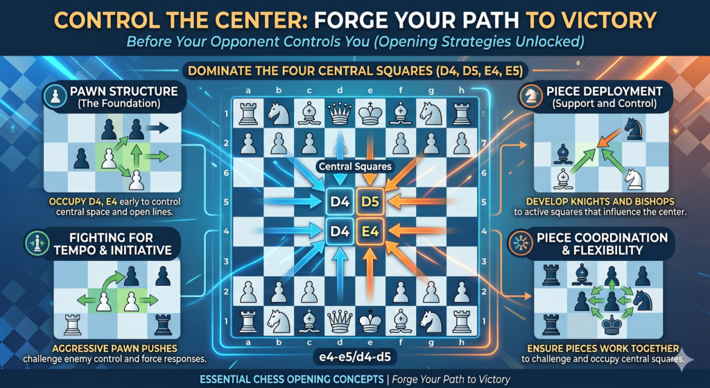 The center is the heart of the chessboard. The key squares are e4, d4, e5, and d5. When your pieces and pawns influence these squares, your army has more space and more power.
